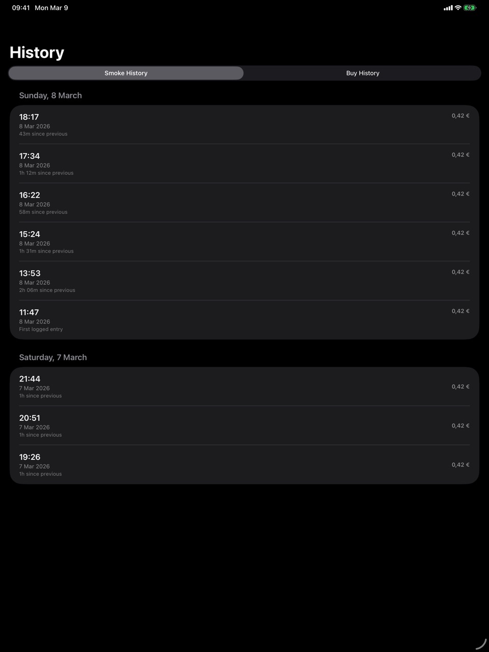 Smoke Bloke iPad History screen