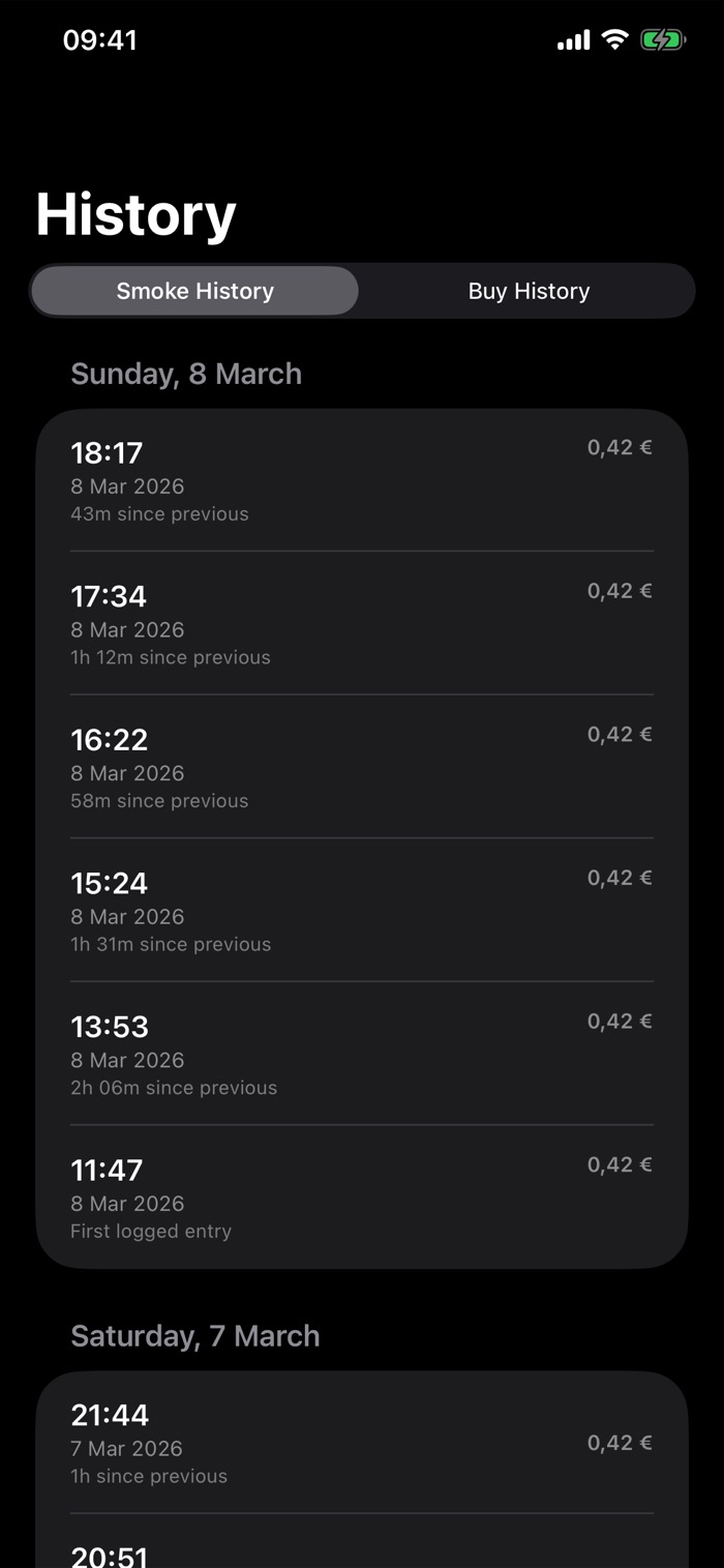 Smoke Bloke iPhone History screen